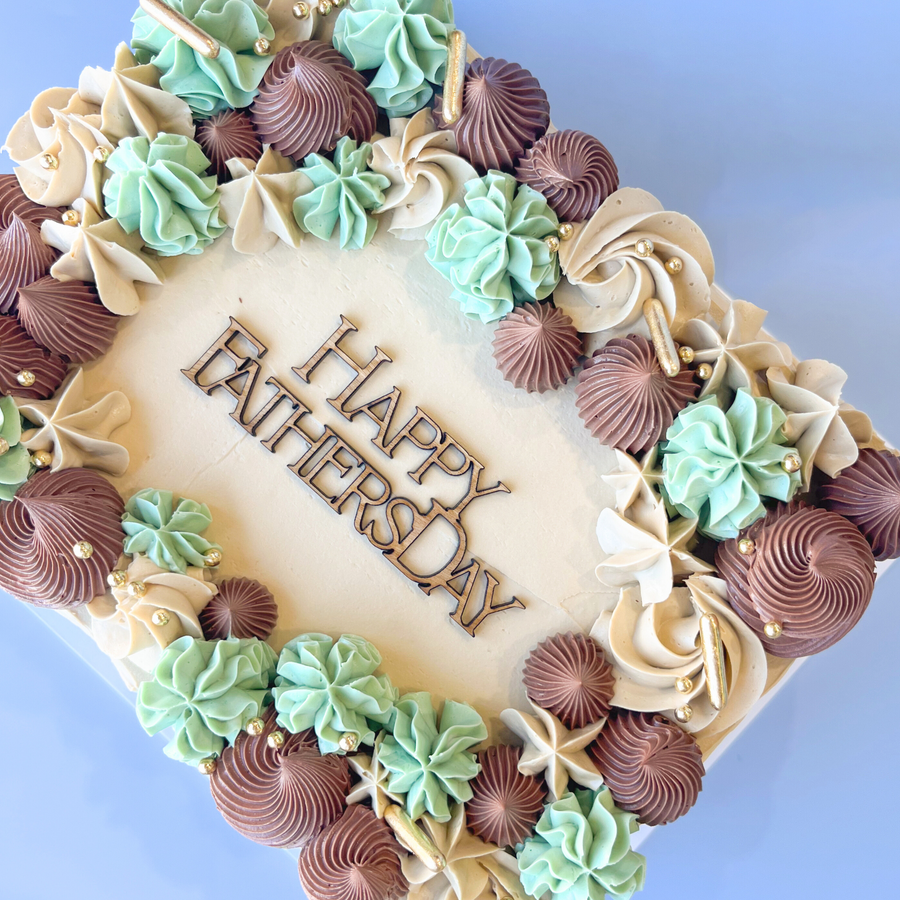 Earthy neutral Father's Day Sheet Cake decorated by @cakerswarehouse with Colour Mill Oil Blend oil-based edible food colouring and Gloss Frost ready-made buttercream