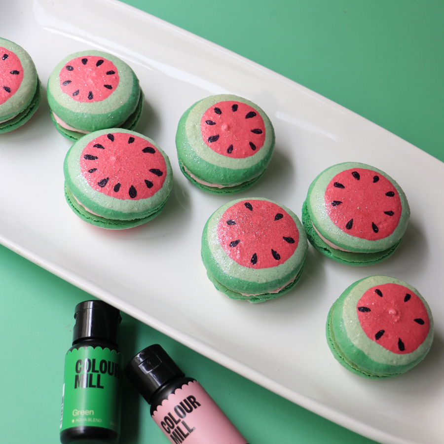 Watermelon macaroons coloured with Colour Mill Green and Rose Aqua Blend
