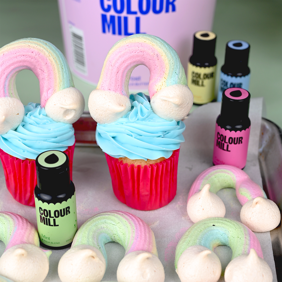 Edible meringue cupcake toppers made with Colour Mill Aqua Blend water-based food colouring