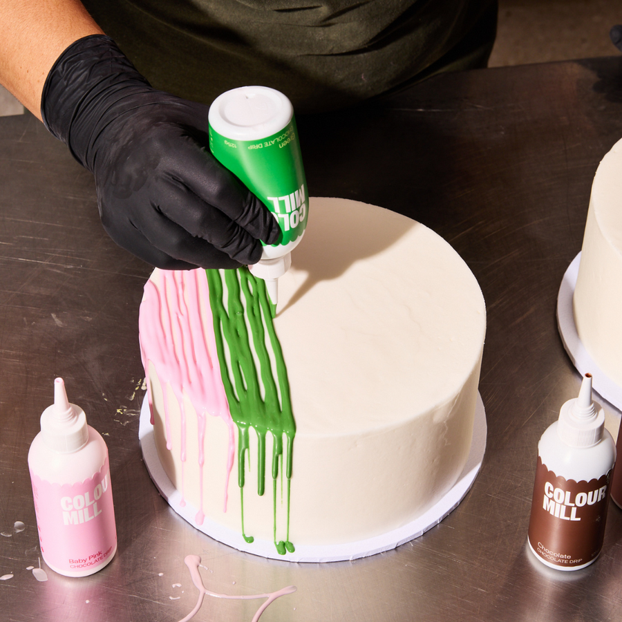 Chocolate drizzle cake design using Baby Pink and Green Colour Mill Chocolate Drip