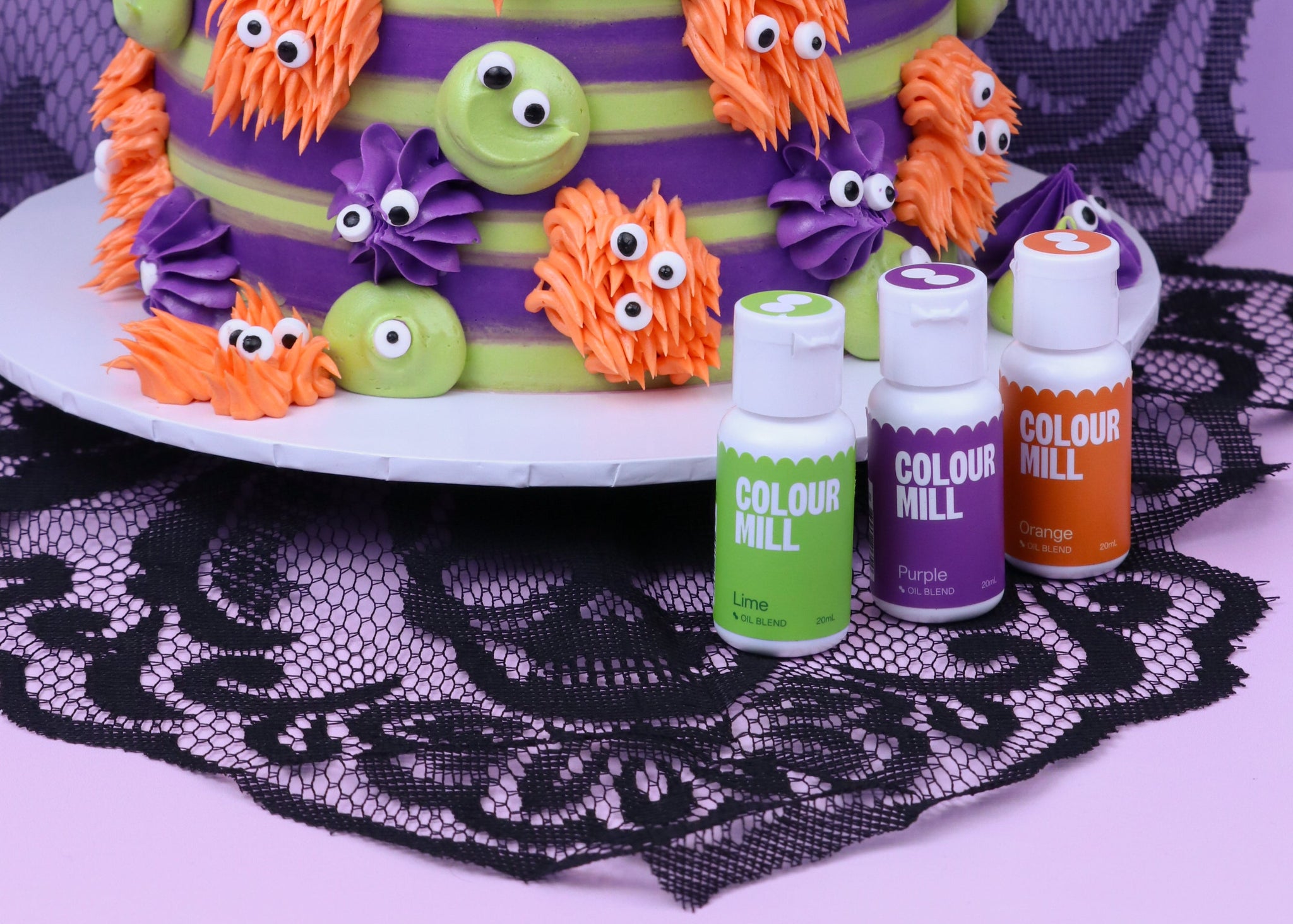 Colour Mill Halloween Trending Trio with Lime, Purple and Orange food colouring.