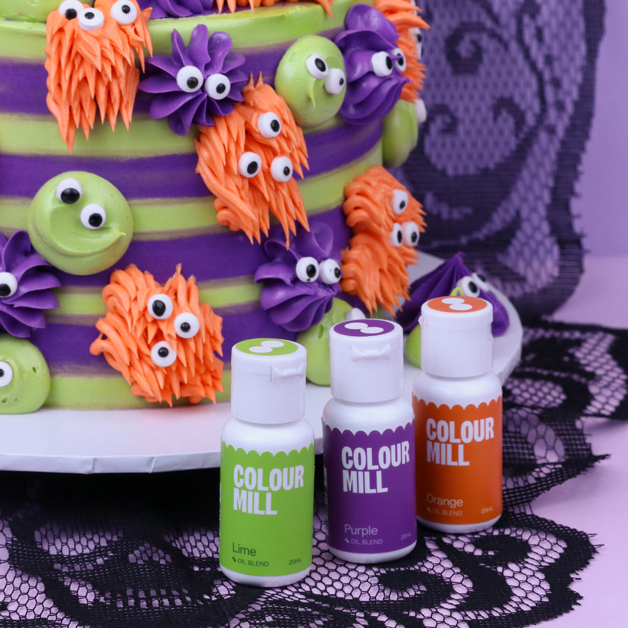 Colour Mill Halloween Trending Trio with Lime, Purple and Orange food colouring.