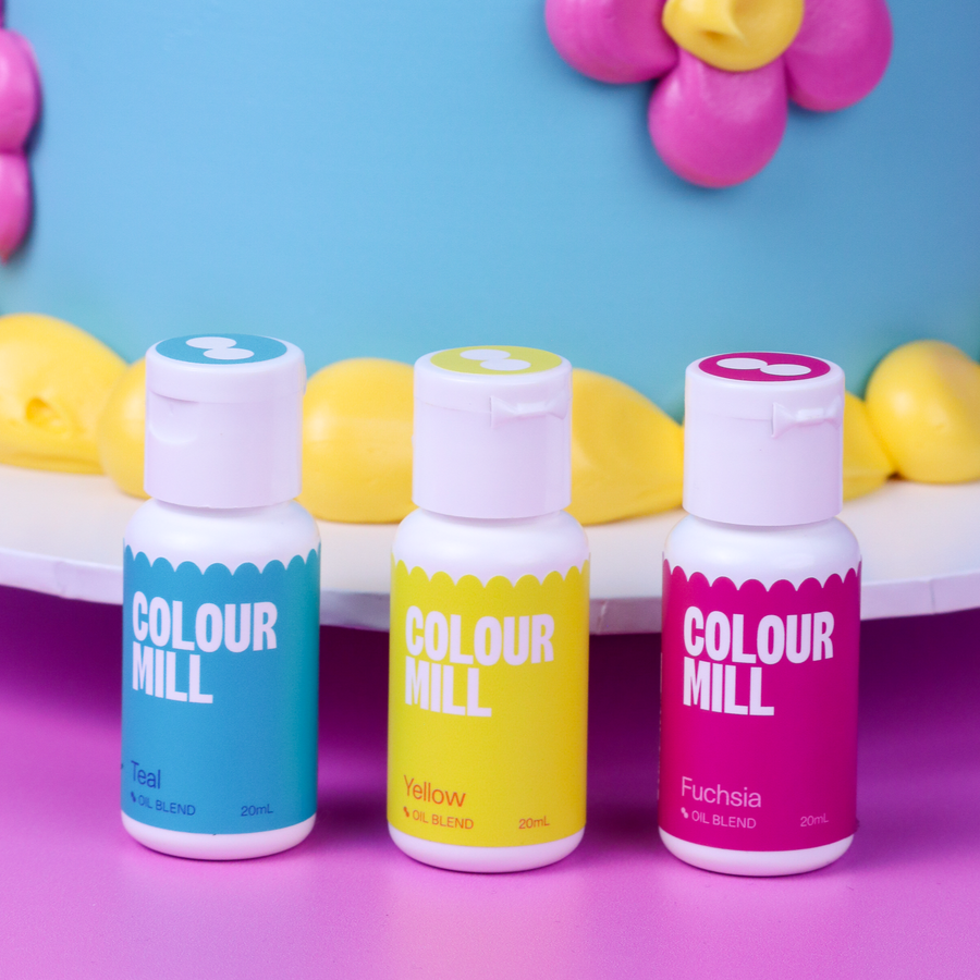 Colour Mill oil based food colouring Teal, Yellow and Fuchsia