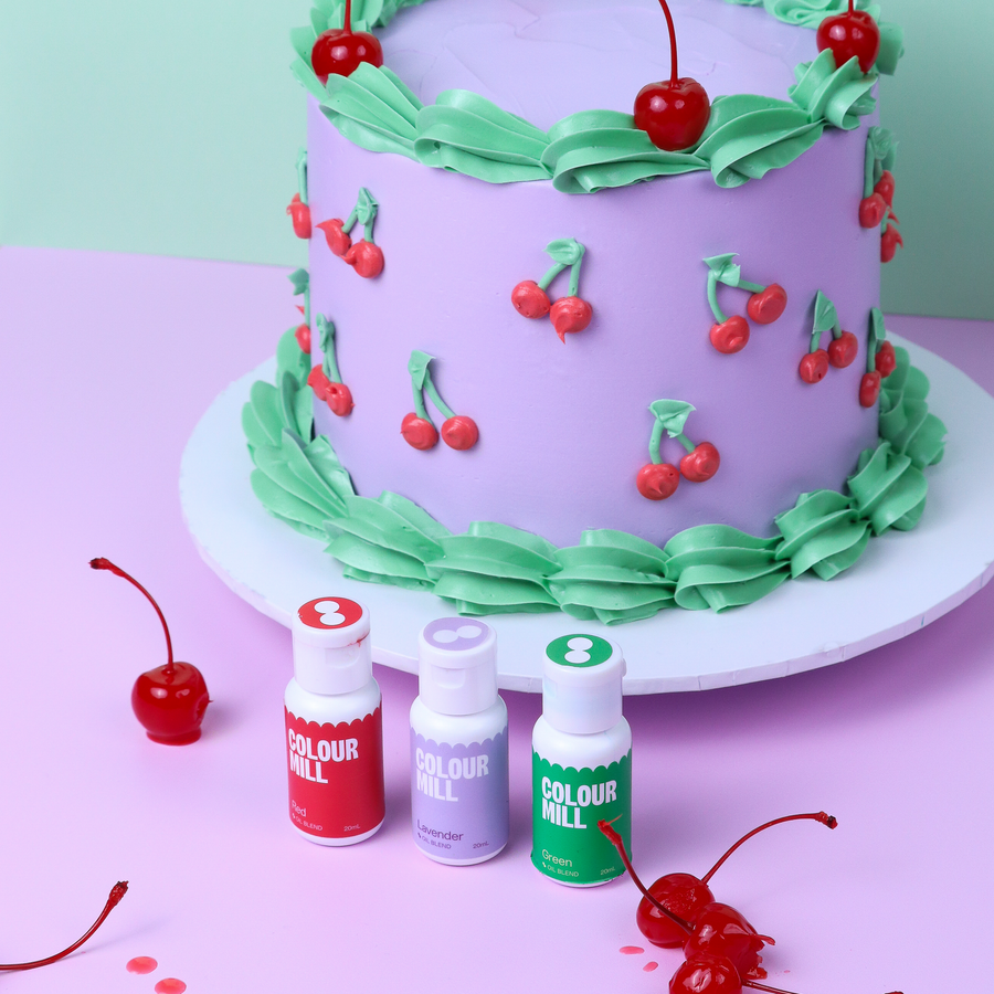 Colour mill oil blend food colouring red, lavender and green