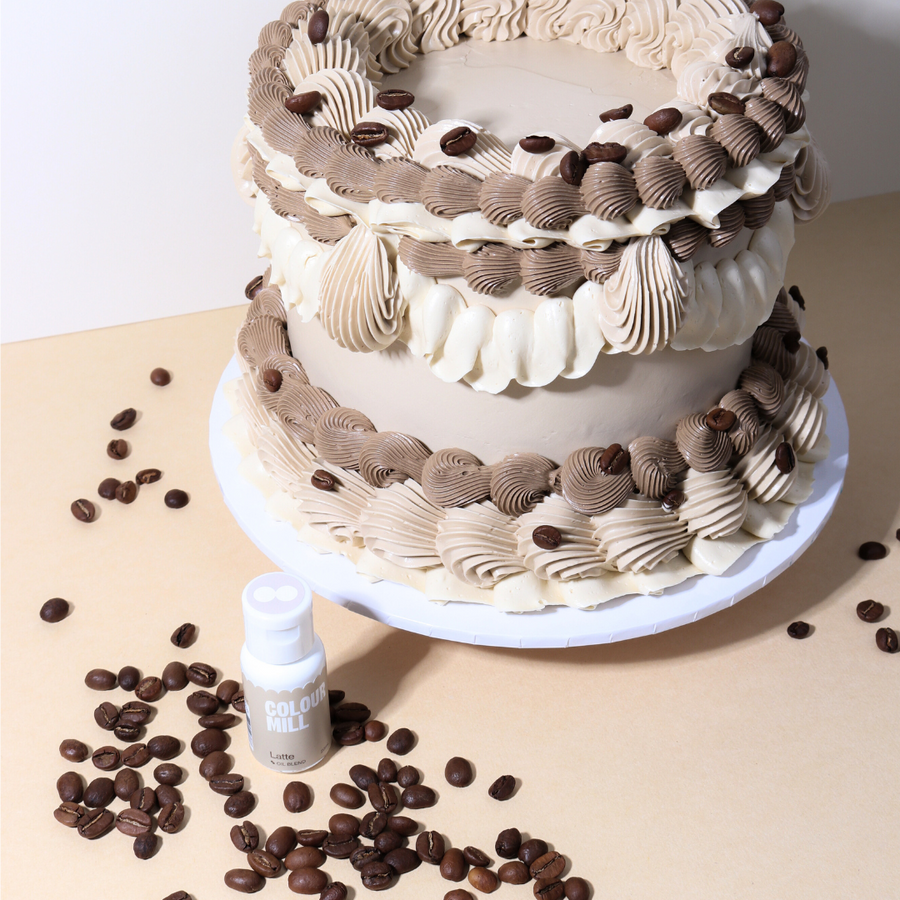 Monochrome lambeth vintage-style cake decorated with Colour Mill Oil Blend oil-based food colouring in Latte