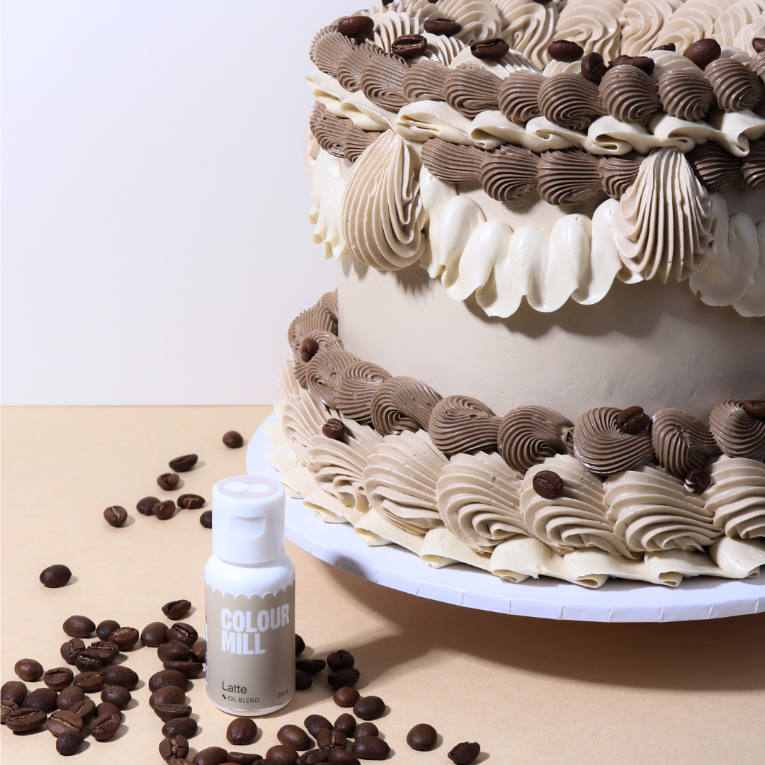 Monochrome lambeth vintage-style cake decorated with Colour Mill Oil Blend oil-based food colouring in Latte