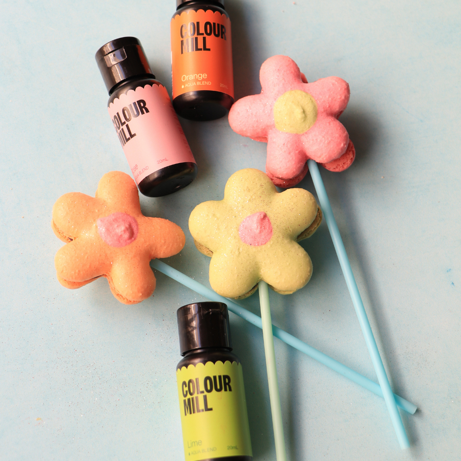 Flower macaroon on a stick colourful using Colour Mill Orange, Rose and Lime Aqua Blend