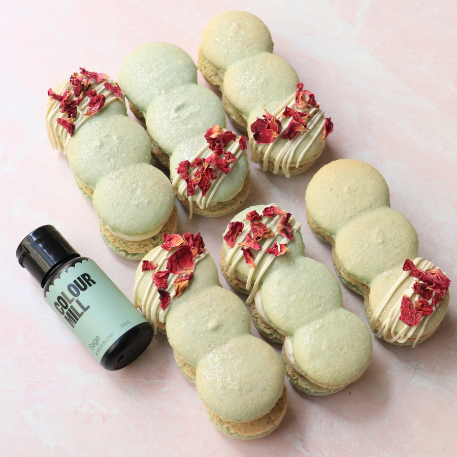 Sage macaroons with dried flowers decorated coloured with Colour Mill Sage Aqua Blend